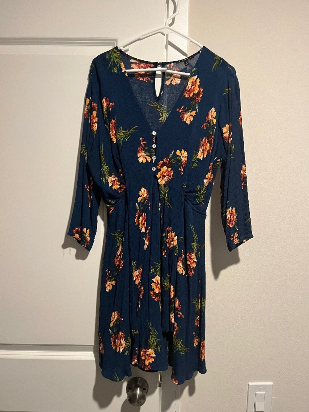 Romantic Staccato Dark Blue Boho Floral Mini Dress Women's M